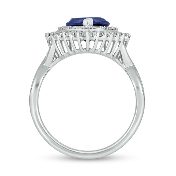 Heart-Shaped Blue Lab-Created Sapphire and 1/5 CT. T.w. Diamond Double Sunburst Frame Ring in 10K White Gold