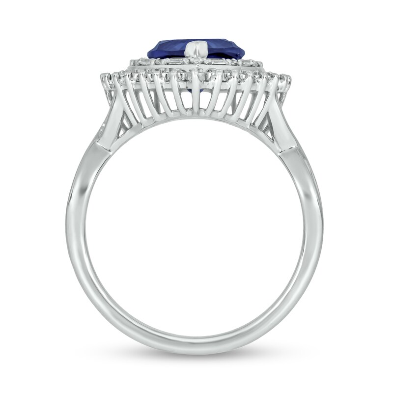 Main Image 3 of Heart-Shaped Blue Lab-Created Sapphire and 1/5 CT. T.W. Diamond Double Sunburst Frame Ring in 10K White Gold