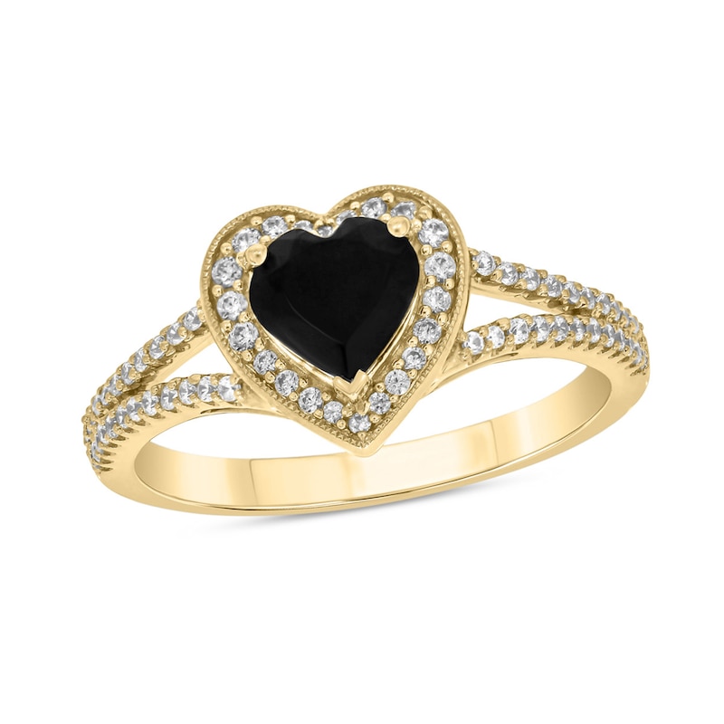 Main Image 1 of Heart-Shaped Black Sapphire and 1/4 CT. T.W. Diamond Frame Split Shank Ring in Sterling Silver with 14K Gold Plate