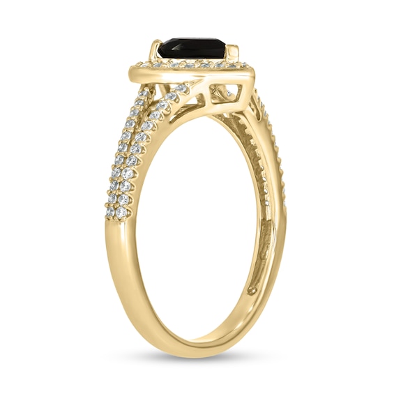 Heart-Shaped Black Sapphire and 1/4 CT. T.w. Diamond Frame Split Shank Ring in Sterling Silver with 14K Gold Plate
