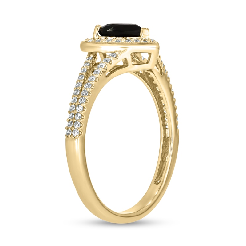 Main Image 2 of Heart-Shaped Black Sapphire and 1/4 CT. T.W. Diamond Frame Split Shank Ring in Sterling Silver with 14K Gold Plate