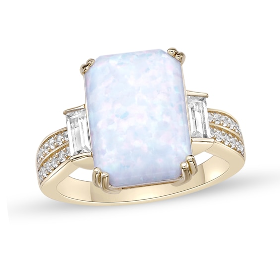 Octagon-Shaped Lab-Created Opal and White Lab-Created Sapphire Collar Ring in Sterling Silver with 18K Gold Plate