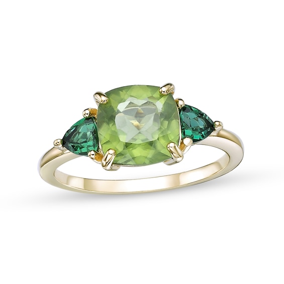 Cushion-Cut Peridot and Trillion-Cut Lab-Created Emerald Three Stone Ring in Sterling Silver with 18K Gold Plate