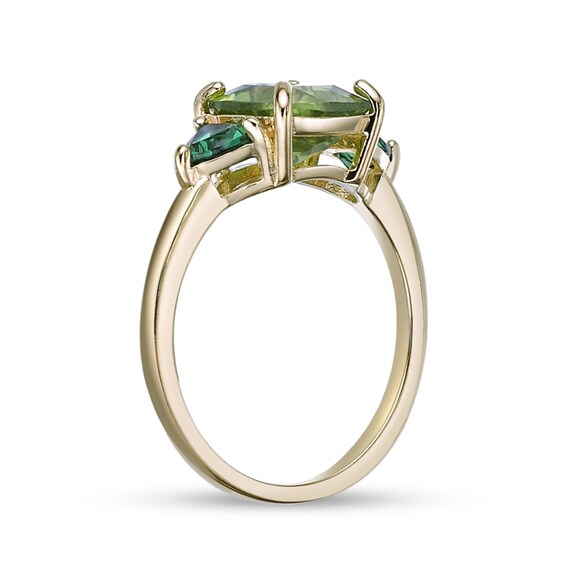 Cushion-Cut Peridot and Trillion-Cut Lab-Created Emerald Three Stone Ring in Sterling Silver with 18K Gold Plate