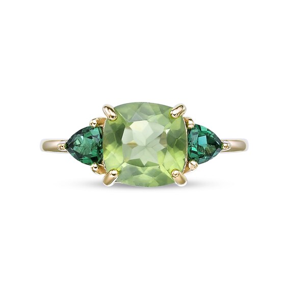 Cushion-Cut Peridot and Trillion-Cut Lab-Created Emerald Three Stone Ring in Sterling Silver with 18K Gold Plate