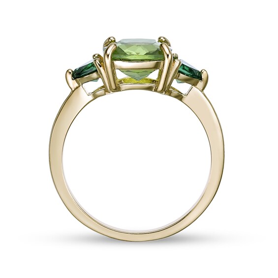 Cushion-Cut Peridot and Trillion-Cut Lab-Created Emerald Three Stone Ring in Sterling Silver with 18K Gold Plate