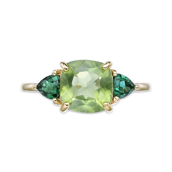 Cushion-Cut Peridot and Trillion-Cut Lab-Created Emerald Three Stone Ring in Sterling Silver with 18K Gold Plate