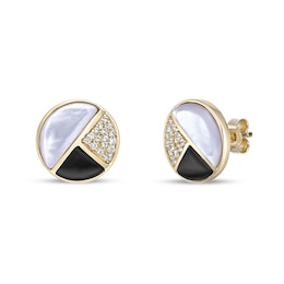 Half-Moon Mother-of-Pearl, Onyx and White Lab-Created Sapphire Stud Earrings in Sterling Silver with 18K Gold Plate