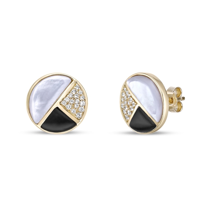 Main Image 1 of Half-Moon Mother-of-Pearl, Onyx and White Lab-Created Sapphire Stud Earrings in Sterling Silver with 18K Gold Plate