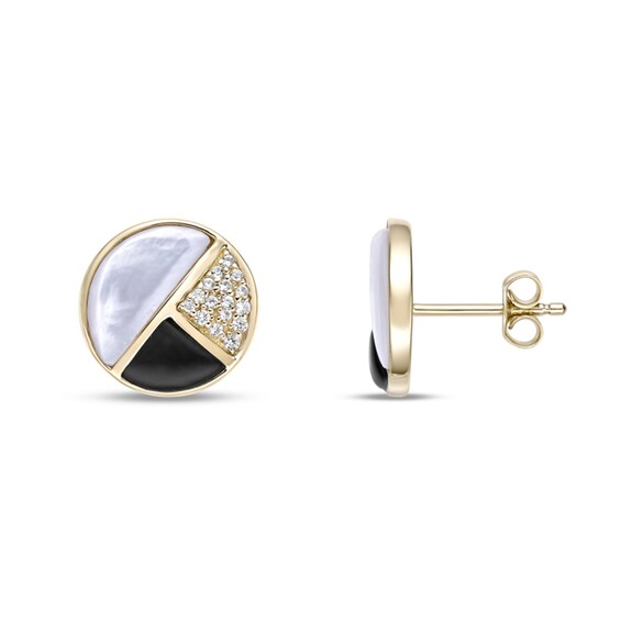 Half-Moon Mother-of-Pearl, Onyx and White Lab-Created Sapphire Stud Earrings in Sterling Silver with 18K Gold Plate