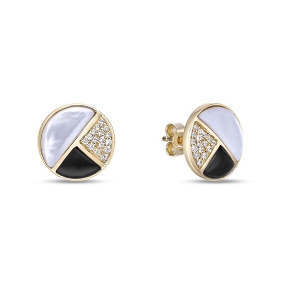 Half-Moon Mother-of-Pearl, Onyx and White Lab-Created Sapphire Stud Earrings in Sterling Silver with 18K Gold Plate