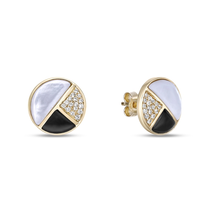 Main Image 3 of Half-Moon Mother-of-Pearl, Onyx and White Lab-Created Sapphire Stud Earrings in Sterling Silver with 18K Gold Plate