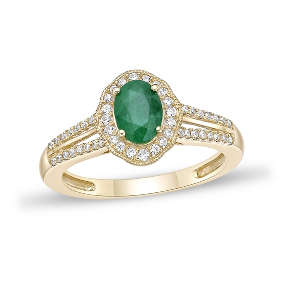 Oval Emerald and 1/4 CT. T.w. Diamond Frame Split Shank Ring 10K Gold