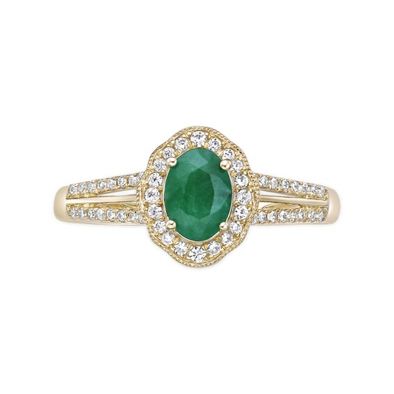 Oval Emerald and 1/4 CT. T.w. Diamond Frame Split Shank Ring 10K Gold