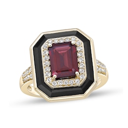 Emerald-Cut Garnet, Onyx and White Lab-Created Sapphire Double Frame Ring in Sterling Silver with 18K Gold Plate