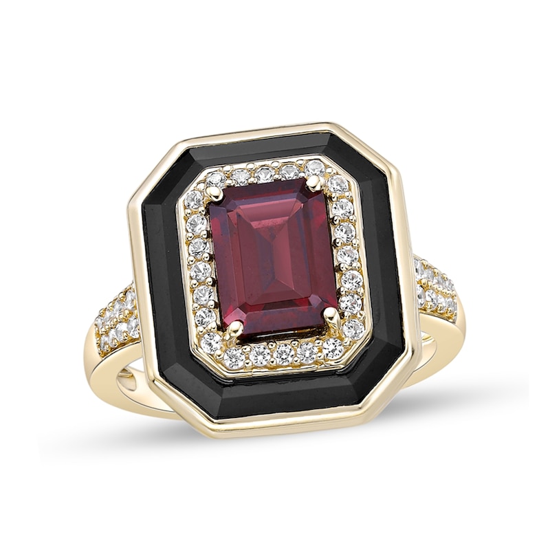 Main Image 1 of Emerald-Cut Garnet, Onyx and White Lab-Created Sapphire Double Frame Ring in Sterling Silver with 18K Gold Plate
