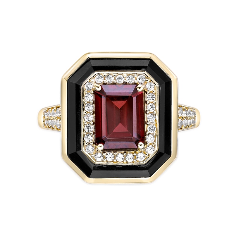 Main Image 2 of Emerald-Cut Garnet, Onyx and White Lab-Created Sapphire Double Frame Ring in Sterling Silver with 18K Gold Plate