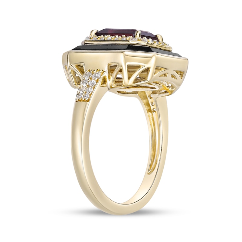 Main Image 3 of Emerald-Cut Garnet, Onyx and White Lab-Created Sapphire Double Frame Ring in Sterling Silver with 18K Gold Plate