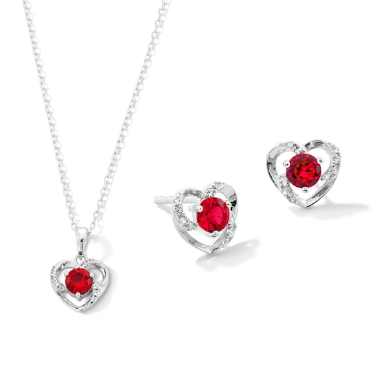 Lab-Created Ruby and White Lab-Created Sapphire Heart Pendant and Stud Earrings Set in Sterling Silver