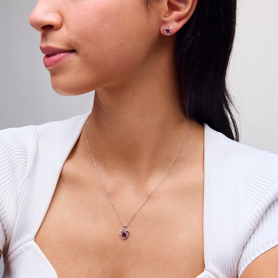 Lab-Created Ruby and White Lab-Created Sapphire Heart Pendant and Stud Earrings Set in Sterling Silver