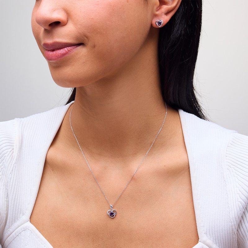 Main Image 2 of Amethyst and White Lab-Created Sapphire Heart Pendant and Stud Earrings Set in Sterling Silver