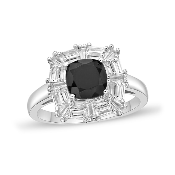 7.0mm Cushion-Cut Onyx and Baguette-Cut White Lab-Created Sapphire Frame Ring Sterling Silver