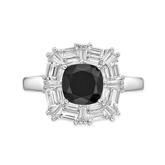7.0mm Cushion-Cut Onyx and Baguette-Cut White Lab-Created Sapphire Frame Ring Sterling Silver