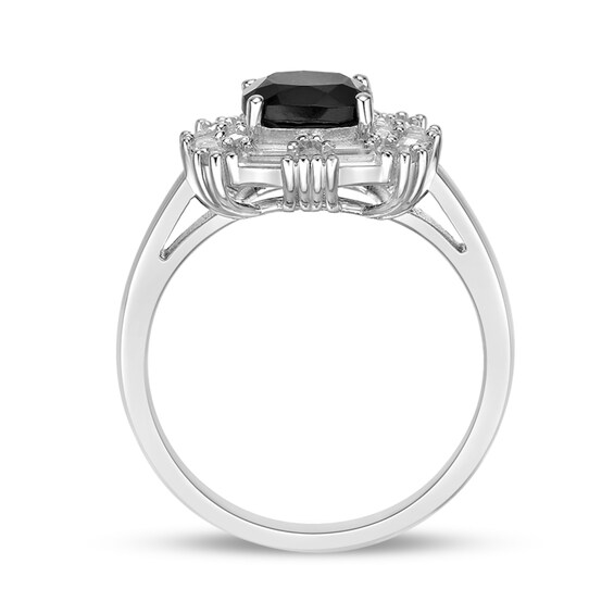 7.0mm Cushion-Cut Onyx and Baguette-Cut White Lab-Created Sapphire Frame Ring Sterling Silver