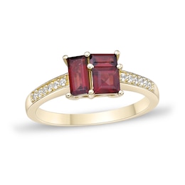 Princess and Baguette-Cut Garnet with White Lab-Created Sapphire Ring in Sterling Silver with 18K Gold Plate