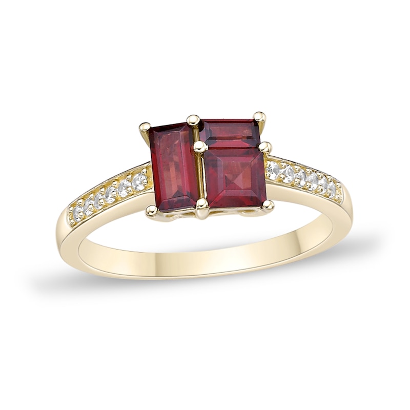 Main Image 1 of Princess and Baguette-Cut Garnet with White Lab-Created Sapphire Ring in Sterling Silver with 18K Gold Plate