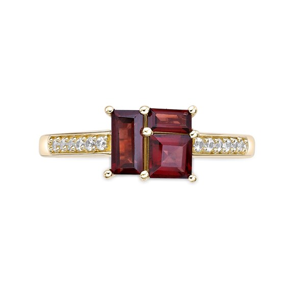 Princess and Baguette-Cut Garnet with White Lab-Created Sapphire Ring in Sterling Silver with 18K Gold Plate