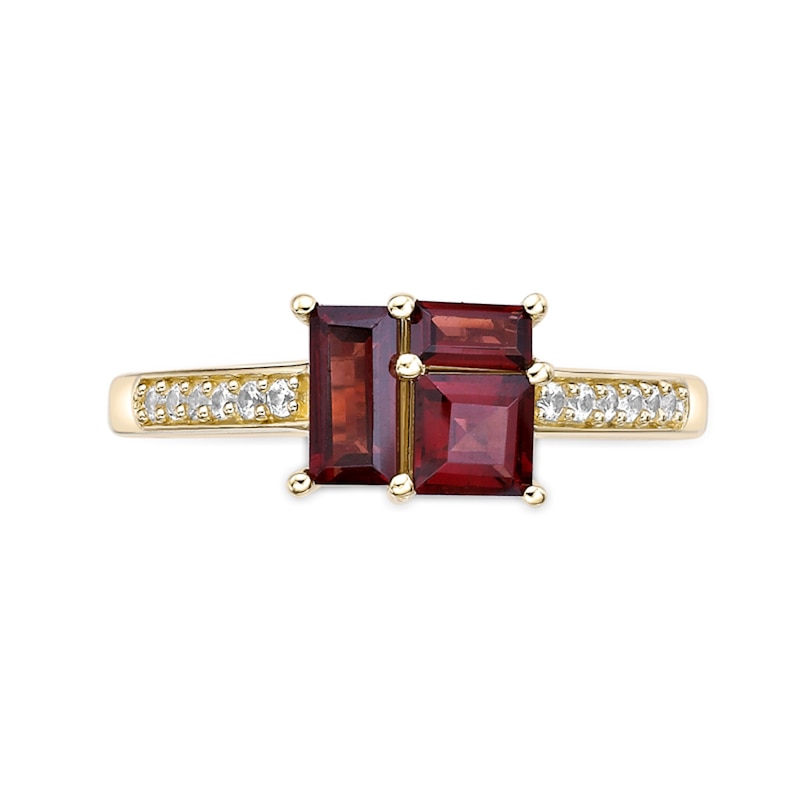 Main Image 2 of Princess and Baguette-Cut Garnet with White Lab-Created Sapphire Ring in Sterling Silver with 18K Gold Plate
