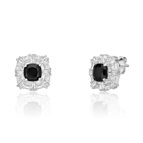 6.0mm Cushion-Cut Onyx and Baguette-Cut White Lab-Created Sapphire Frame Stud Earrings in Sterling Silver