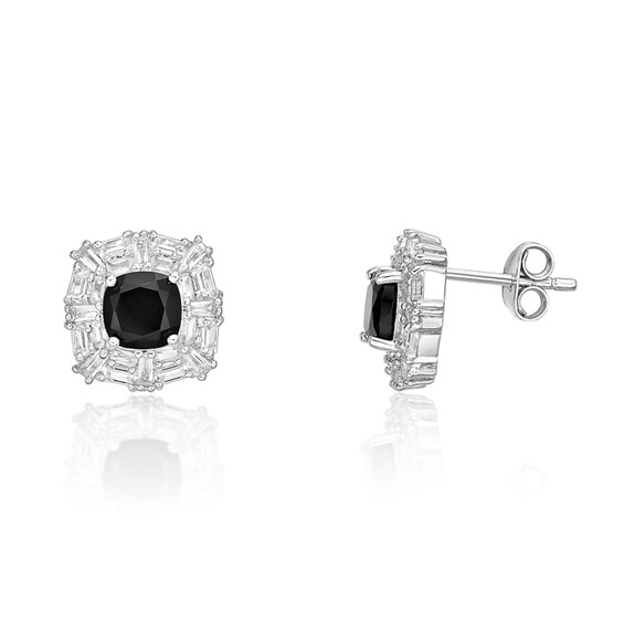 6.0mm Cushion-Cut Onyx and Baguette-Cut White Lab-Created Sapphire Frame Stud Earrings in Sterling Silver