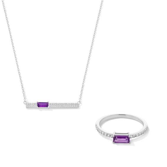 Baguette-Cut Amethyst and White Lab-Created Sapphire Bar Necklace and Stackable Ring Set in Sterling Silver