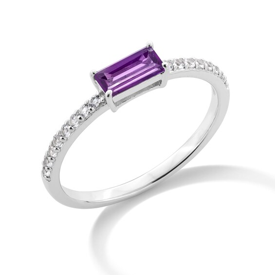 Baguette-Cut Amethyst and White Lab-Created Sapphire Bar Necklace and Stackable Ring Set in Sterling Silver