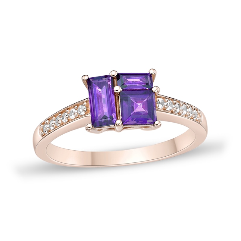 Main Image 1 of Princess and Baguette-Cut Amethyst with White Lab-Created Sapphire Ring in Sterling Silver with 18K Rose Gold Plate