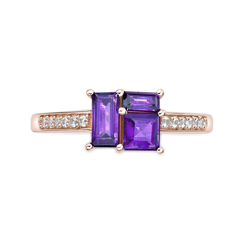 Main Image 2 of Princess and Baguette-Cut Amethyst with White Lab-Created Sapphire Ring in Sterling Silver with 18K Rose Gold Plate
