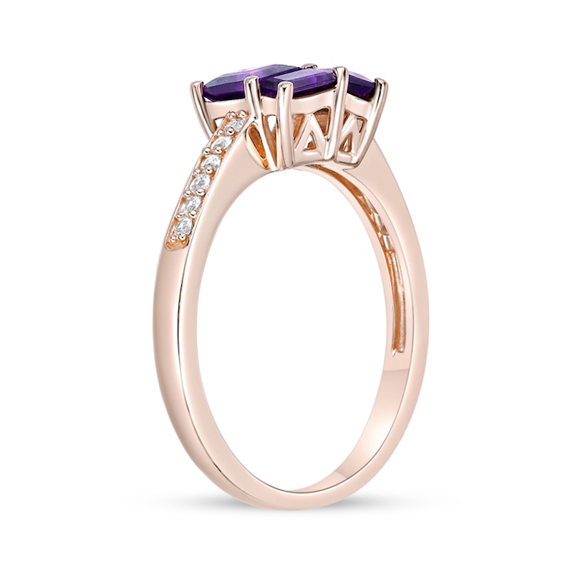 Main Image 3 of Princess and Baguette-Cut Amethyst with White Lab-Created Sapphire Ring in Sterling Silver with 18K Rose Gold Plate