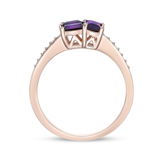 Princess and Baguette-Cut Amethyst with White Lab-Created Sapphire Ring in Sterling Silver with 18K Rose Gold Plate