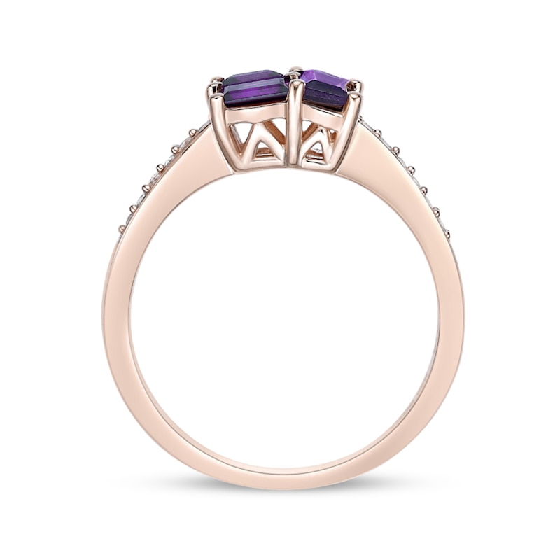 Main Image 4 of Princess and Baguette-Cut Amethyst with White Lab-Created Sapphire Ring in Sterling Silver with 18K Rose Gold Plate