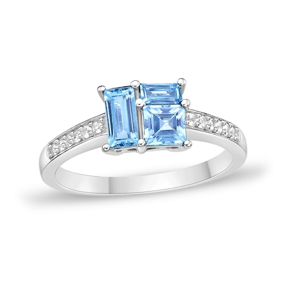 Princess and Baguette-Cut Swiss Blue Topaz with White Lab-Created Sapphire Ring Sterling Silver