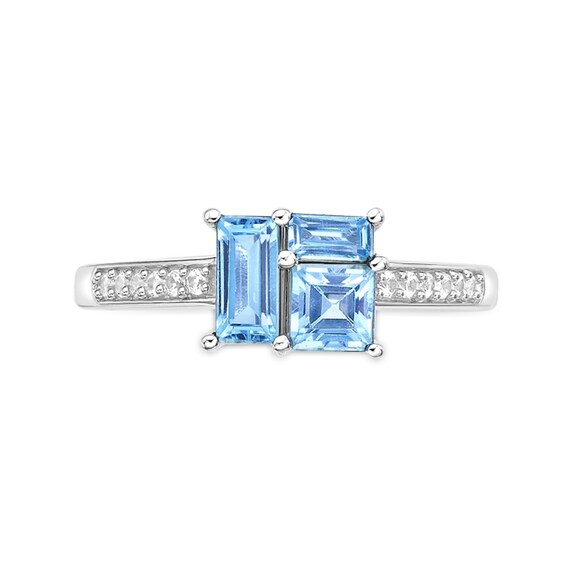 Princess and Baguette-Cut Swiss Blue Topaz with White Lab-Created Sapphire Ring Sterling Silver
