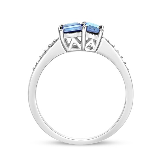 Princess and Baguette-Cut Swiss Blue Topaz with White Lab-Created Sapphire Ring Sterling Silver