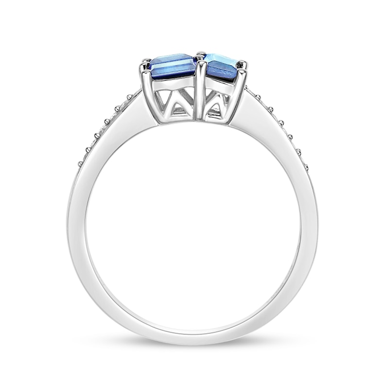 Main Image 4 of Princess and Baguette-Cut Swiss Blue Topaz with White Lab-Created Sapphire Ring in Sterling Silver