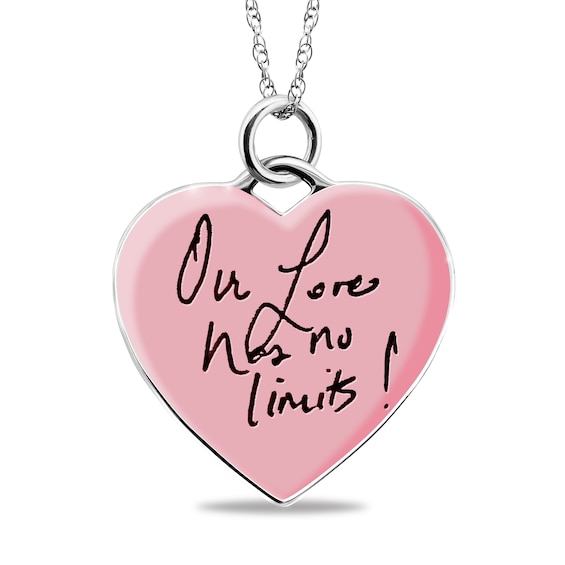 Engravable Pink Enamel “Our Love Has No Limits!” Heart Pendant in Sterling Silver (3 Lines)