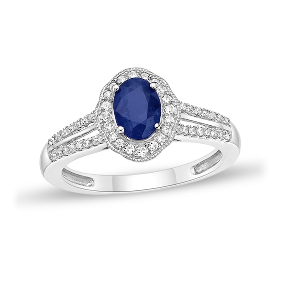 Oval Blue Sapphire and 1/4 CT. T.w. Diamond Frame Split Shank Ring in 10K White Gold