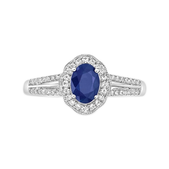 Oval Blue Sapphire and 1/4 CT. T.w. Diamond Frame Split Shank Ring in 10K White Gold
