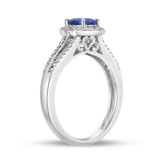 Oval Blue Sapphire and 1/4 CT. T.w. Diamond Frame Split Shank Ring in 10K White Gold