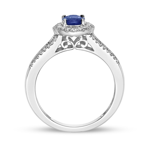 Oval Blue Sapphire and 1/4 CT. T.w. Diamond Frame Split Shank Ring in 10K White Gold